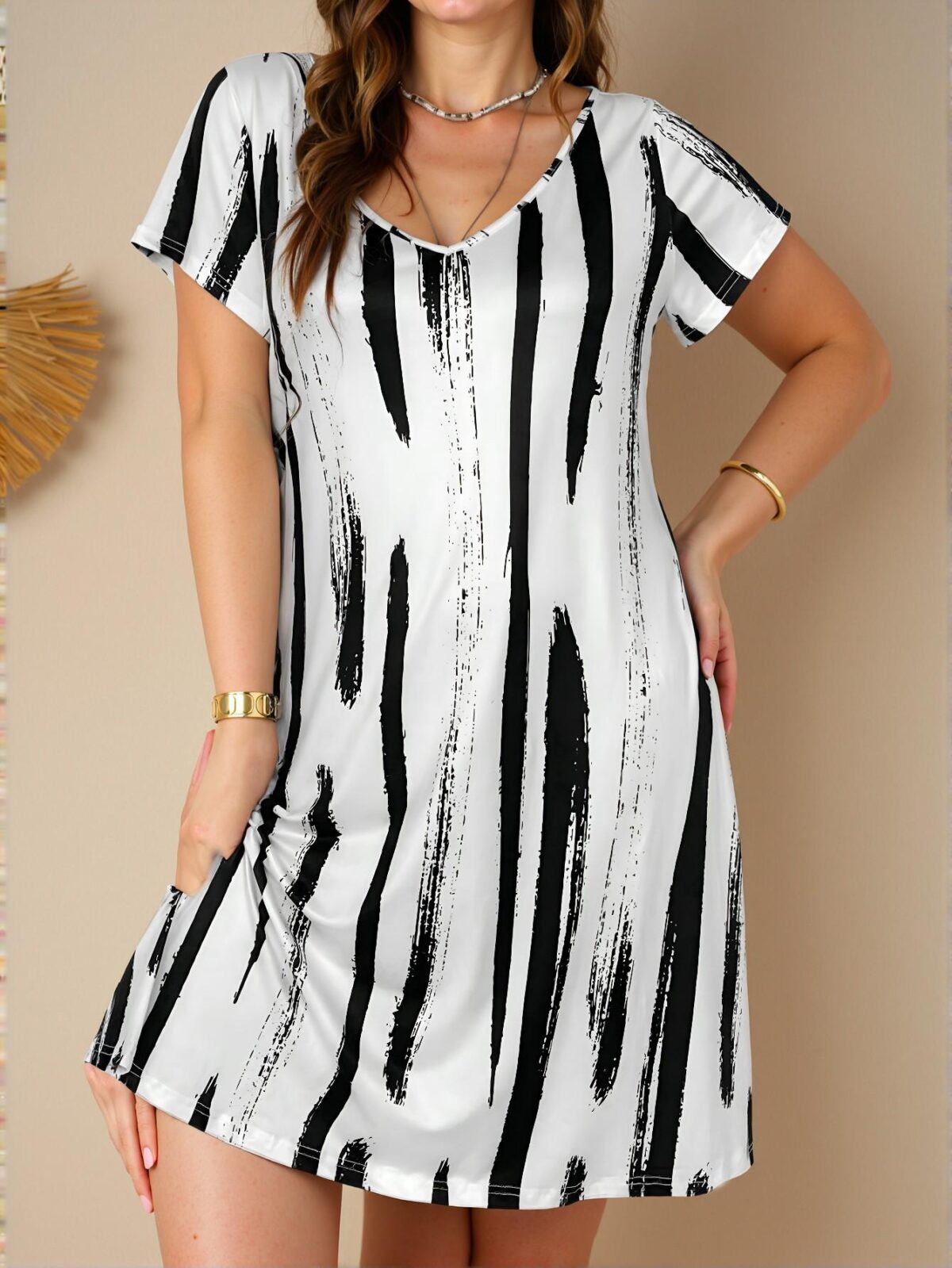 Elegant Black and White Printed V-Neck Midi Dress with Brush Stroke Patterns for Spring and Summer – Chic, Classy and Trendy Fashion Style to Dress to Impress - Image 5
