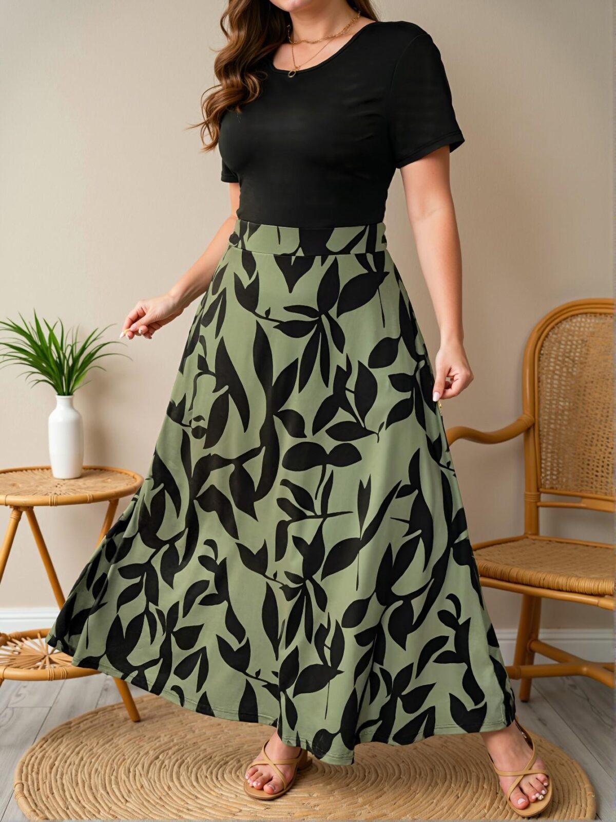 Elegant Dark Green Stylish Plus Size Boho A-Line Fitted Dress with Colorblock and Graphic Prints, Ideal for Casual Leisure and Vacation Wear. Chic, Classy and Trendy Fashion Style to Dress to Impress. - Image 3