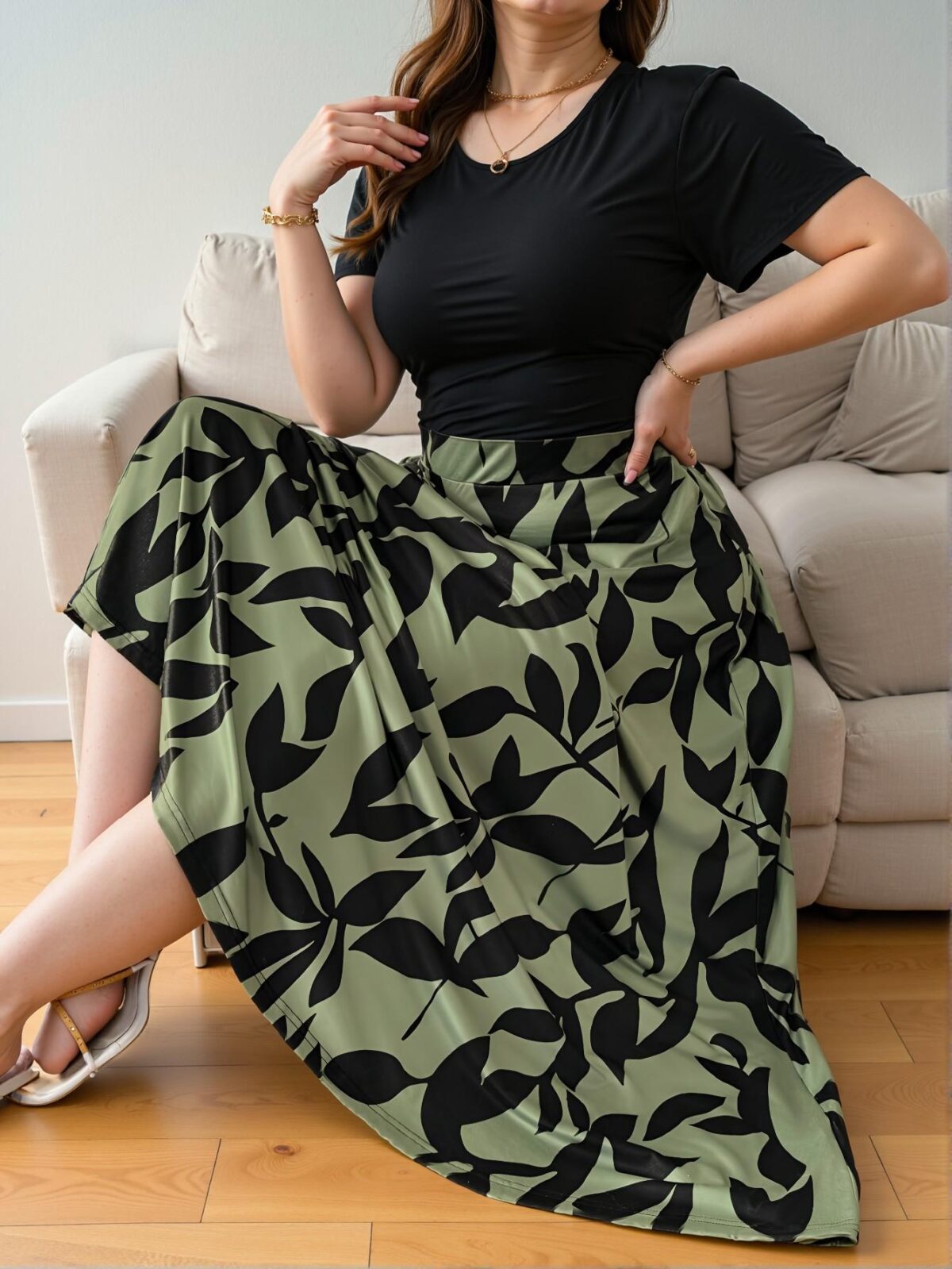 Elegant Dark Green Stylish Plus Size Boho A-Line Fitted Dress with Colorblock and Graphic Prints, Ideal for Casual Leisure and Vacation Wear. Chic, Classy and Trendy Fashion Style to Dress to Impress. - Image 4