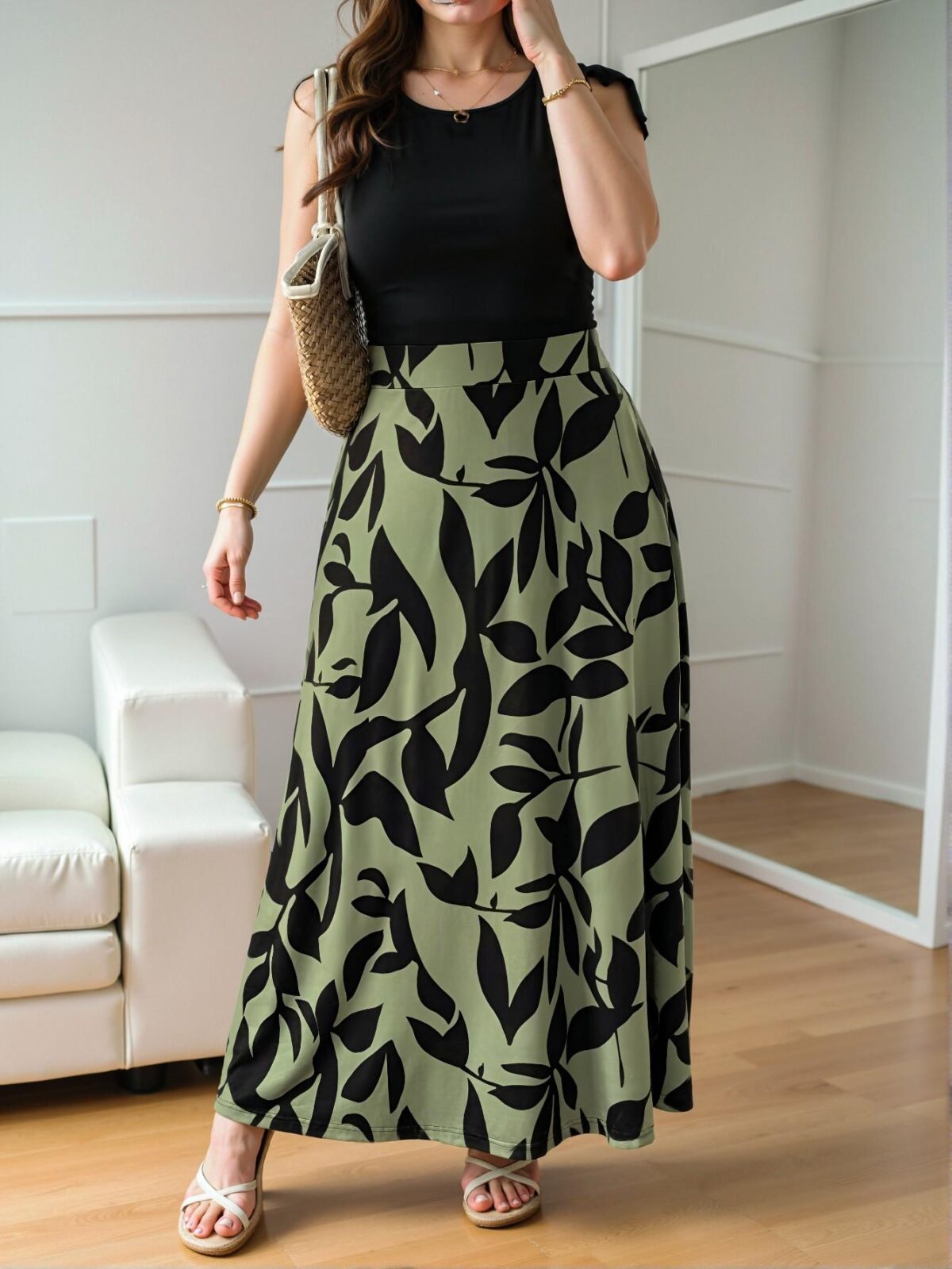 Elegant Dark Green Stylish Plus Size Boho A-Line Fitted Dress with Colorblock and Graphic Prints, Ideal for Casual Leisure and Vacation Wear. Chic, Classy and Trendy Fashion Style to Dress to Impress. - Image 5