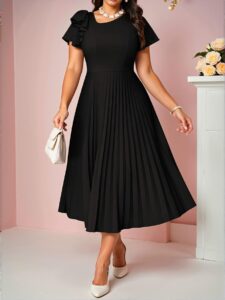 Elegant Black Boho Knitted Round Neck Flared Sleeve Pleated Midi Dress for Spring and Summer - Chic, Classy and Trendy Fashion Style to Dress to Impress