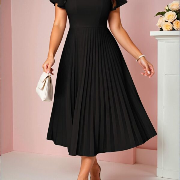 Elegant Black Boho Knitted Round Neck Flared Sleeve Pleated Midi Dress for Spring and Summer - Chic, Classy and Trendy Fashion Style to Dress to Impress