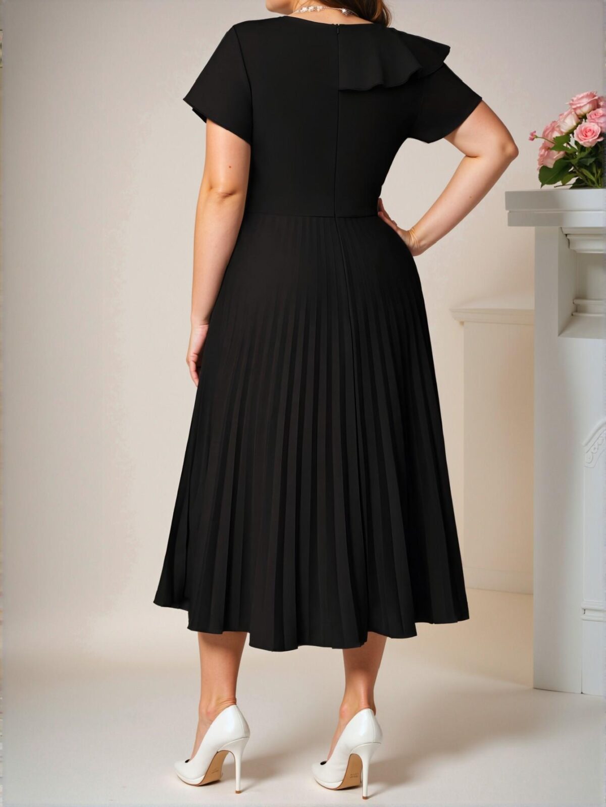 Elegant Black Boho Knitted Round Neck Flared Sleeve Pleated Midi Dress for Spring and Summer - Chic, Classy and Trendy Fashion Style to Dress to Impress - Image 2