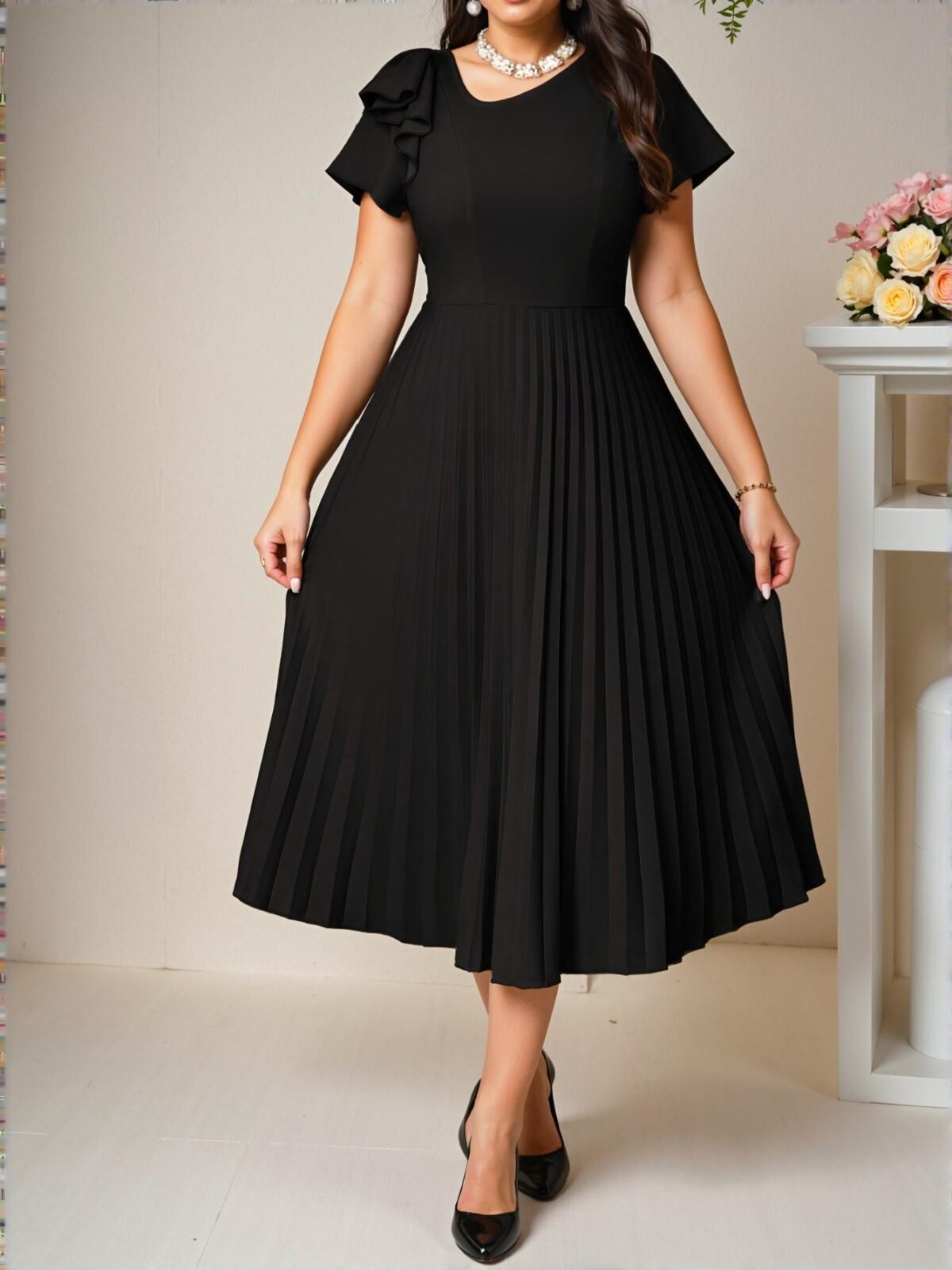 Elegant Black Boho Knitted Round Neck Flared Sleeve Pleated Midi Dress for Spring and Summer - Chic, Classy and Trendy Fashion Style to Dress to Impress - Image 4