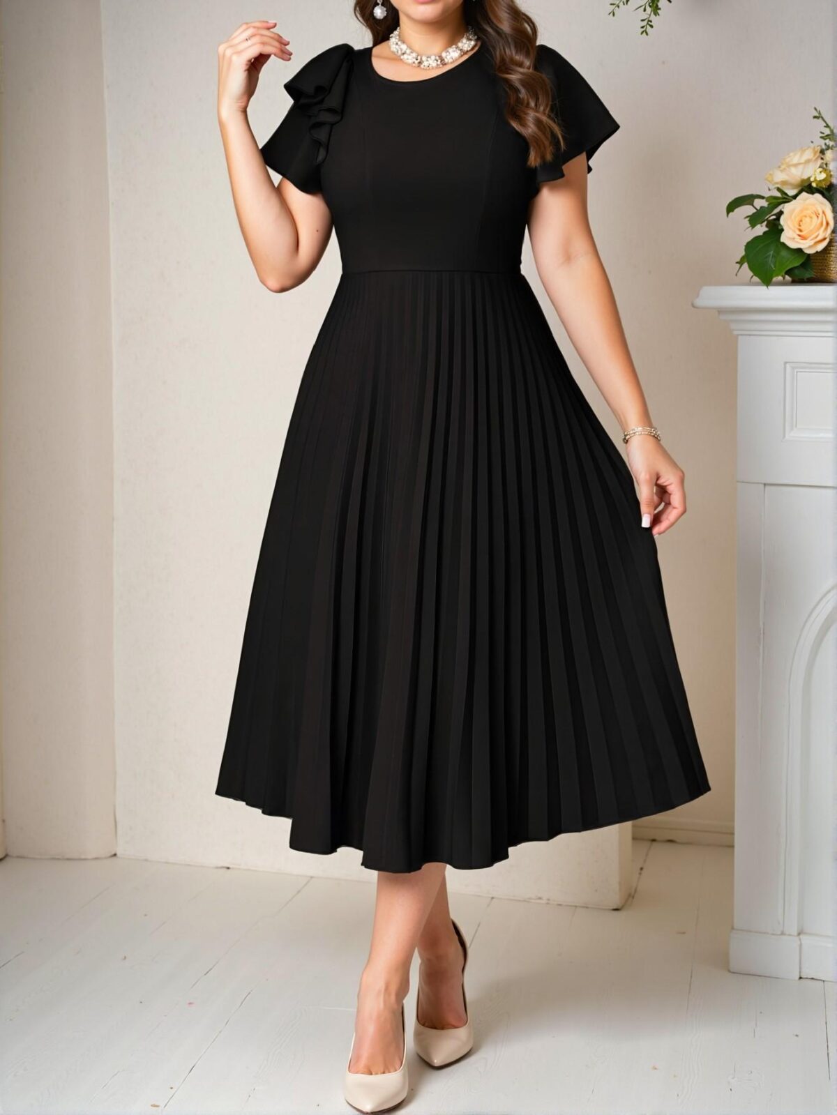 Elegant Black Boho Knitted Round Neck Flared Sleeve Pleated Midi Dress for Spring and Summer - Chic, Classy and Trendy Fashion Style to Dress to Impress - Image 5