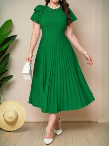 Elegant Green Casual Boho Knitted Round Neck Flared Flounce Sleeve Pleated Midi Plus Size Dress for Spring and Summer - Chic, Classy and Trendy Fashion Style to Dress to Impress