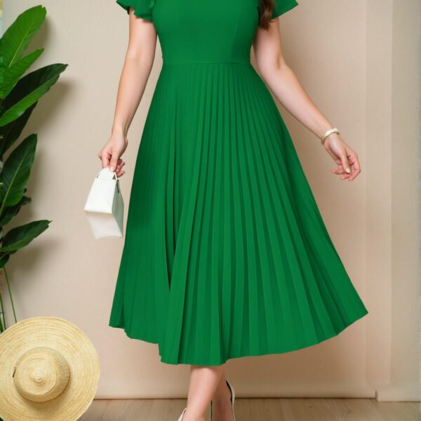 Elegant Green Casual Boho Knitted Round Neck Flared Flounce Sleeve Pleated Midi Plus Size Dress for Spring and Summer - Chic, Classy and Trendy Fashion Style to Dress to Impress