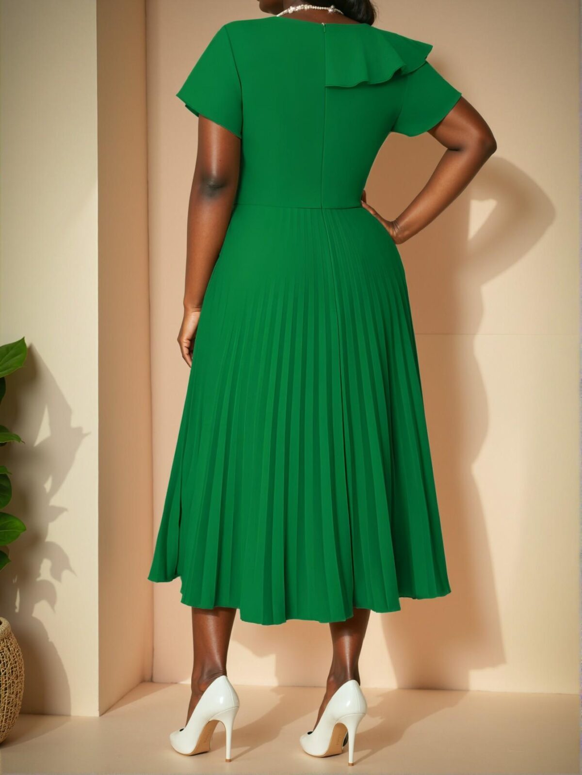 Elegant Green Casual Boho Knitted Round Neck Flared Flounce Sleeve Pleated Midi Plus Size Dress for Spring and Summer - Chic, Classy and Trendy Fashion Style to Dress to Impress - Image 2