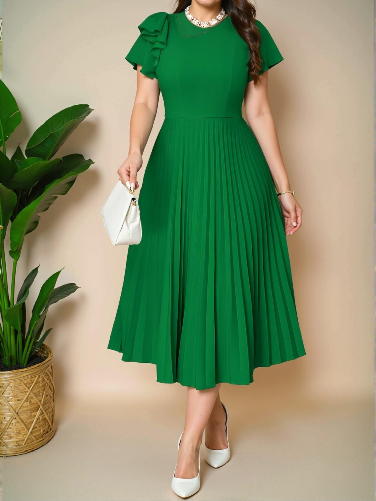 Elegant Green Casual Boho Knitted Round Neck Flared Flounce Sleeve Pleated Midi Plus Size Dress for Spring and Summer - Chic, Classy and Trendy Fashion Style to Dress to Impress - Image 3