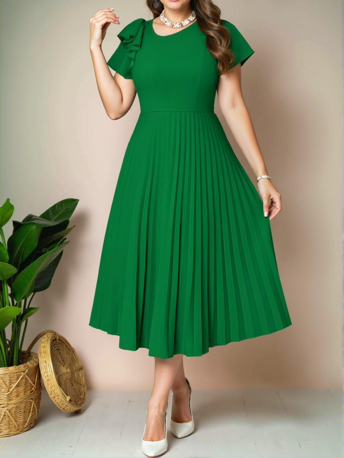 Elegant Green Casual Boho Knitted Round Neck Flared Flounce Sleeve Pleated Midi Plus Size Dress for Spring and Summer - Chic, Classy and Trendy Fashion Style to Dress to Impress - Image 4