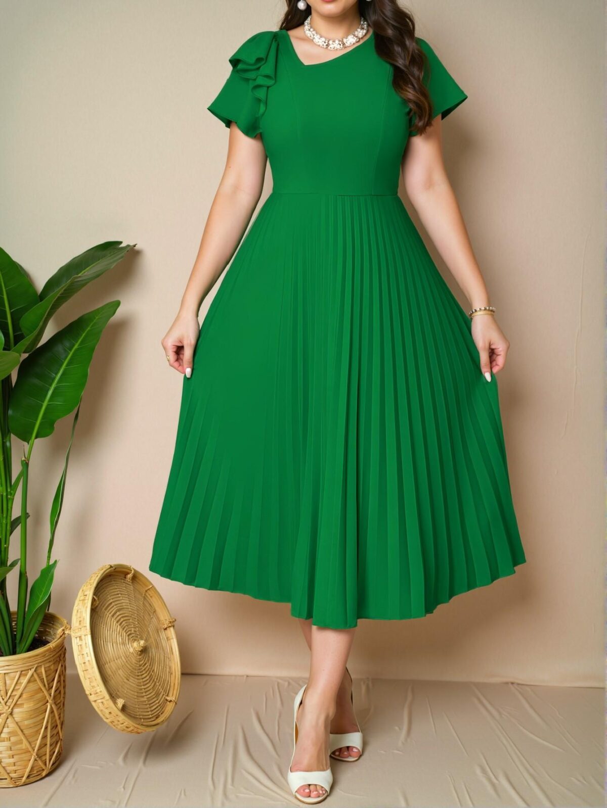 Elegant Green Casual Boho Knitted Round Neck Flared Flounce Sleeve Pleated Midi Plus Size Dress for Spring and Summer - Chic, Classy and Trendy Fashion Style to Dress to Impress - Image 5