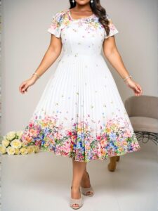 Elegant Multicolor Bohemian Knitted Round Neck Flounce Sleeve Midi Dress with Pleated A-Line Design for Beach Resort and Wedding Guests – Chic, Classy and Trendy Fashion Style to Dress to Impress