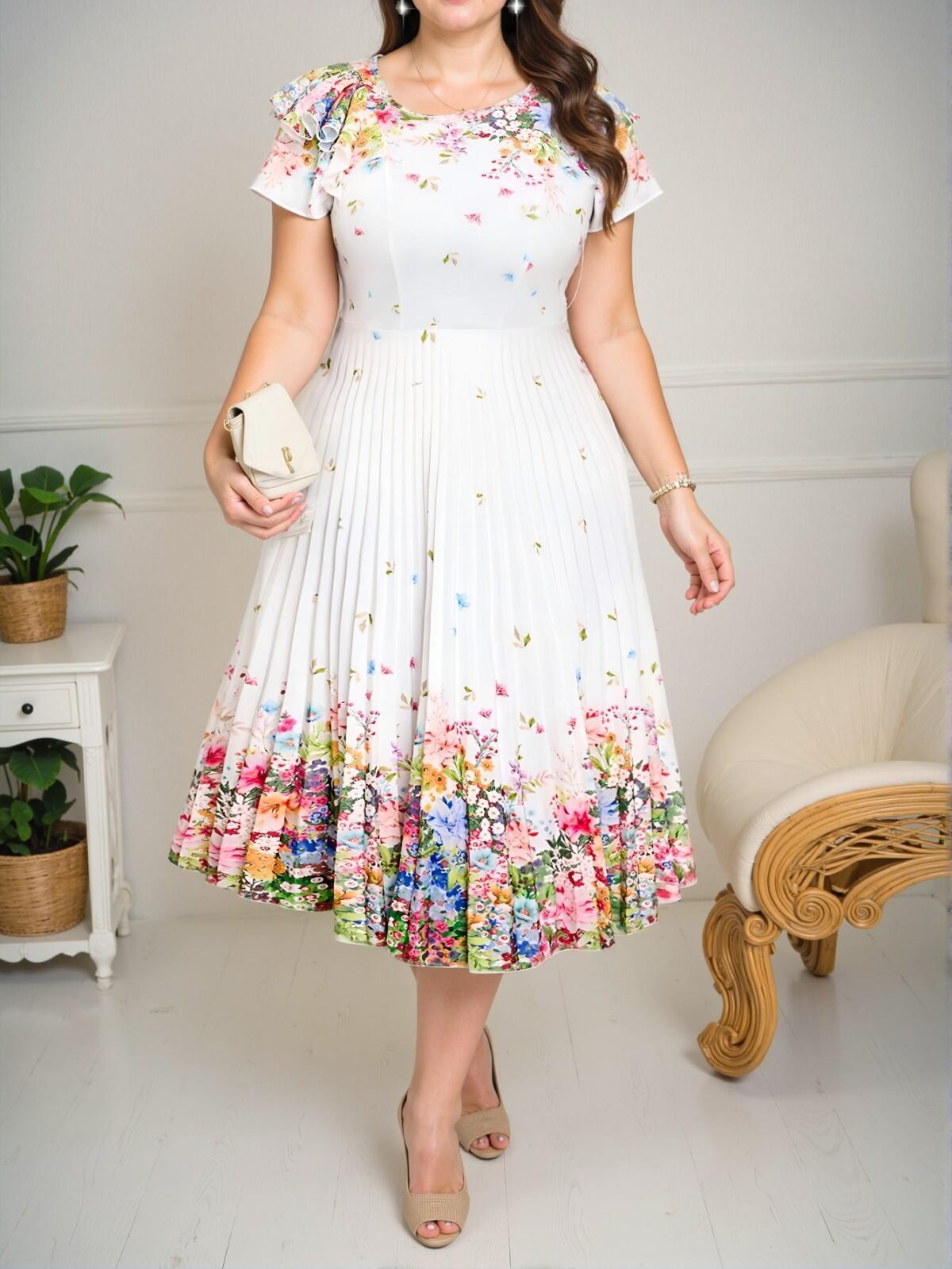 Elegant Multicolor Bohemian Knitted Round Neck Flounce Sleeve Midi Dress with Pleated A-Line Design for Beach Resort and Wedding Guests – Chic, Classy and Trendy Fashion Style to Dress to Impress - Image 3