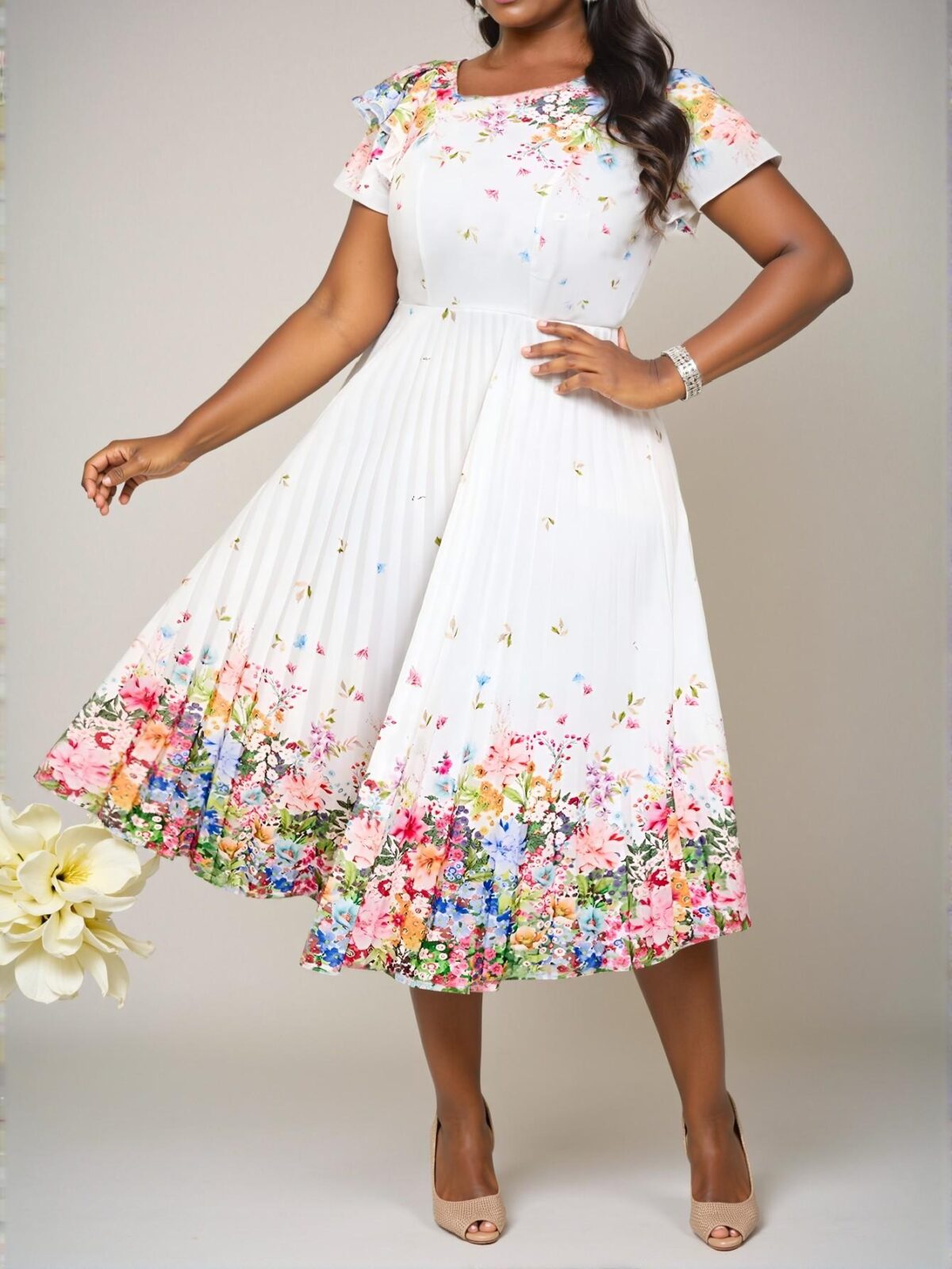 Elegant Multicolor Bohemian Knitted Round Neck Flounce Sleeve Midi Dress with Pleated A-Line Design for Beach Resort and Wedding Guests – Chic, Classy and Trendy Fashion Style to Dress to Impress - Image 5