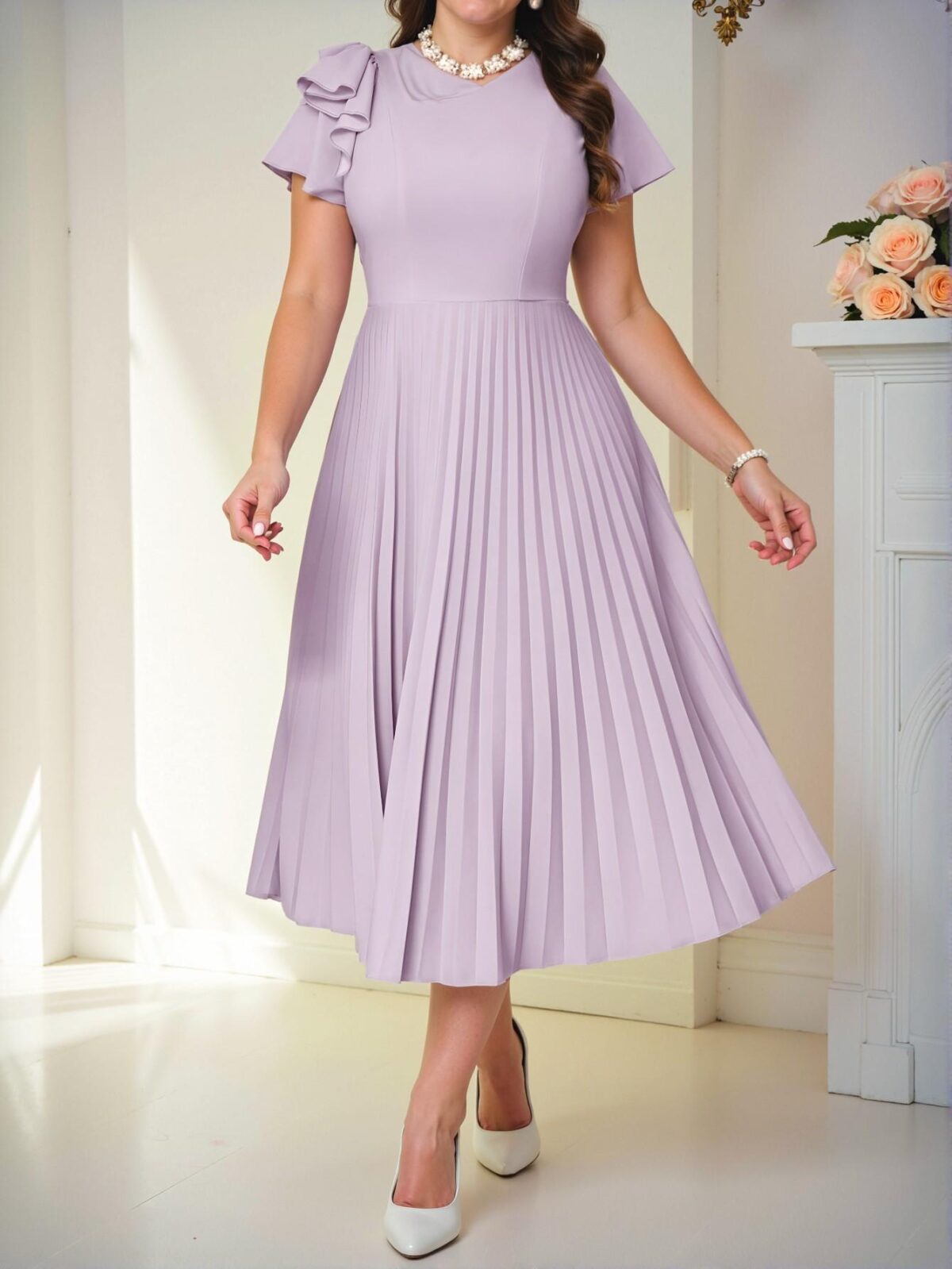 Elegant Purple Casual Boho Knitted Round Neck Flared Pleated Midi Dress - Chic, Classy and Trendy Fashion Style to Dress to Impress