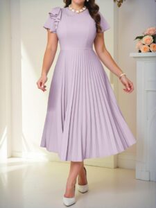 Elegant Purple Casual Boho Knitted Round Neck Flared Pleated Midi Dress - Chic, Classy and Trendy Fashion Style to Dress to Impress