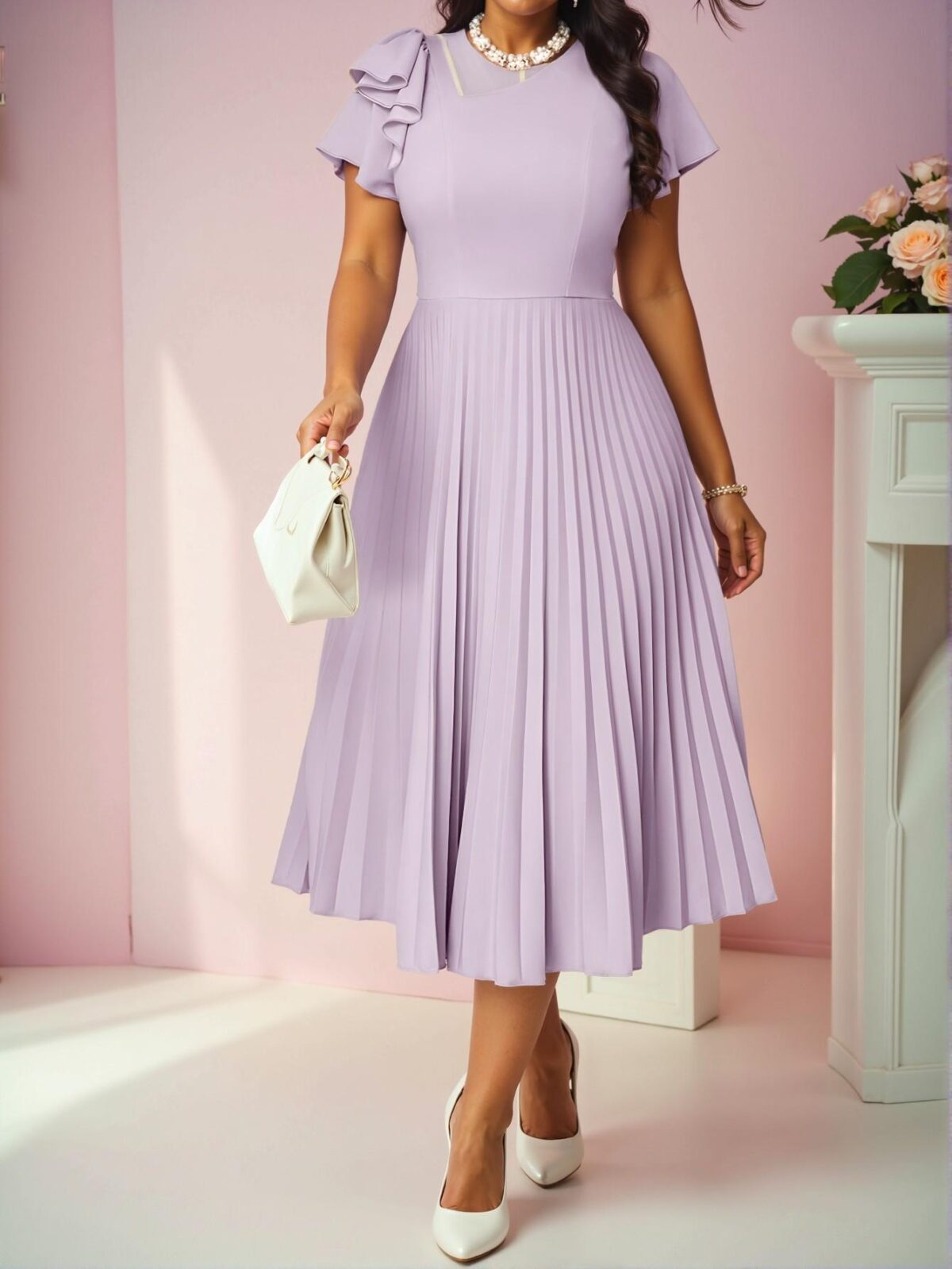 Elegant Purple Casual Boho Knitted Round Neck Flared Pleated Midi Dress - Chic, Classy and Trendy Fashion Style to Dress to Impress - Image 3