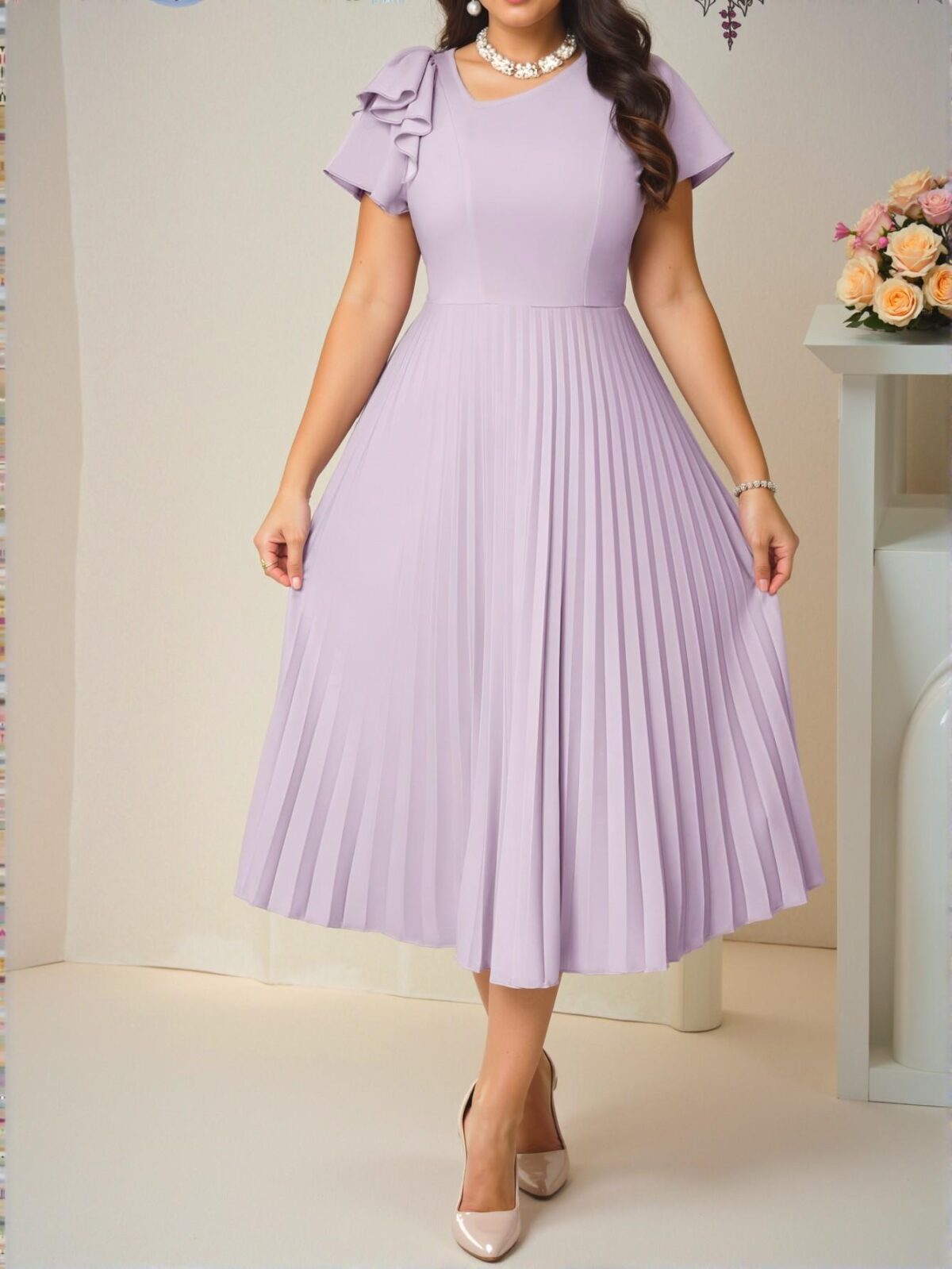 Elegant Purple Casual Boho Knitted Round Neck Flared Pleated Midi Dress - Chic, Classy and Trendy Fashion Style to Dress to Impress - Image 4