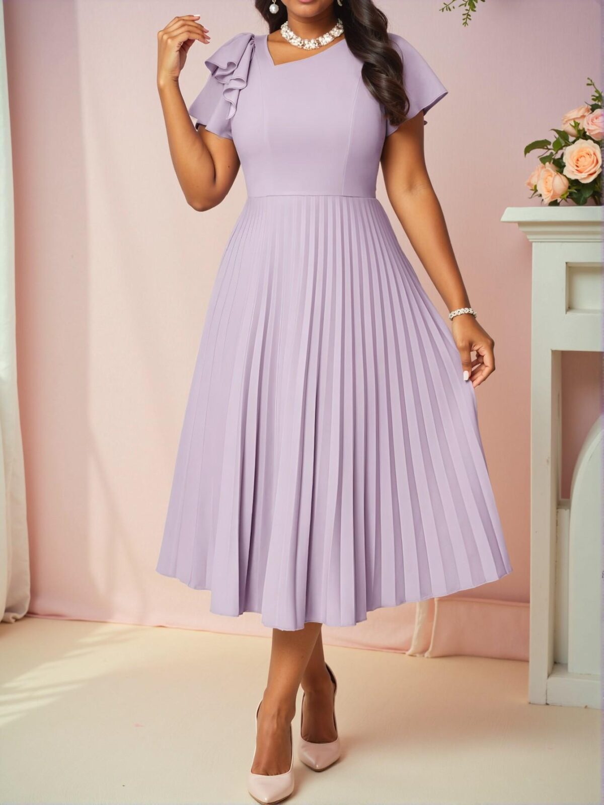 Elegant Purple Casual Boho Knitted Round Neck Flared Pleated Midi Dress - Chic, Classy and Trendy Fashion Style to Dress to Impress - Image 5