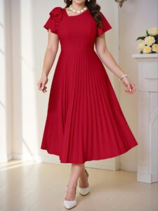Elegant Red Flared Pleated A-Line Dress with Ruffle and Zipper Details for Spring and Summer Chic, Classy and Trendy Fashion Style to Dress to Impress