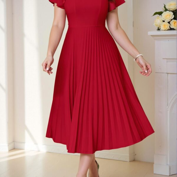 Elegant Red Flared Pleated A-Line Dress with Ruffle and Zipper Details for Spring and Summer Chic, Classy and Trendy Fashion Style to Dress to Impress