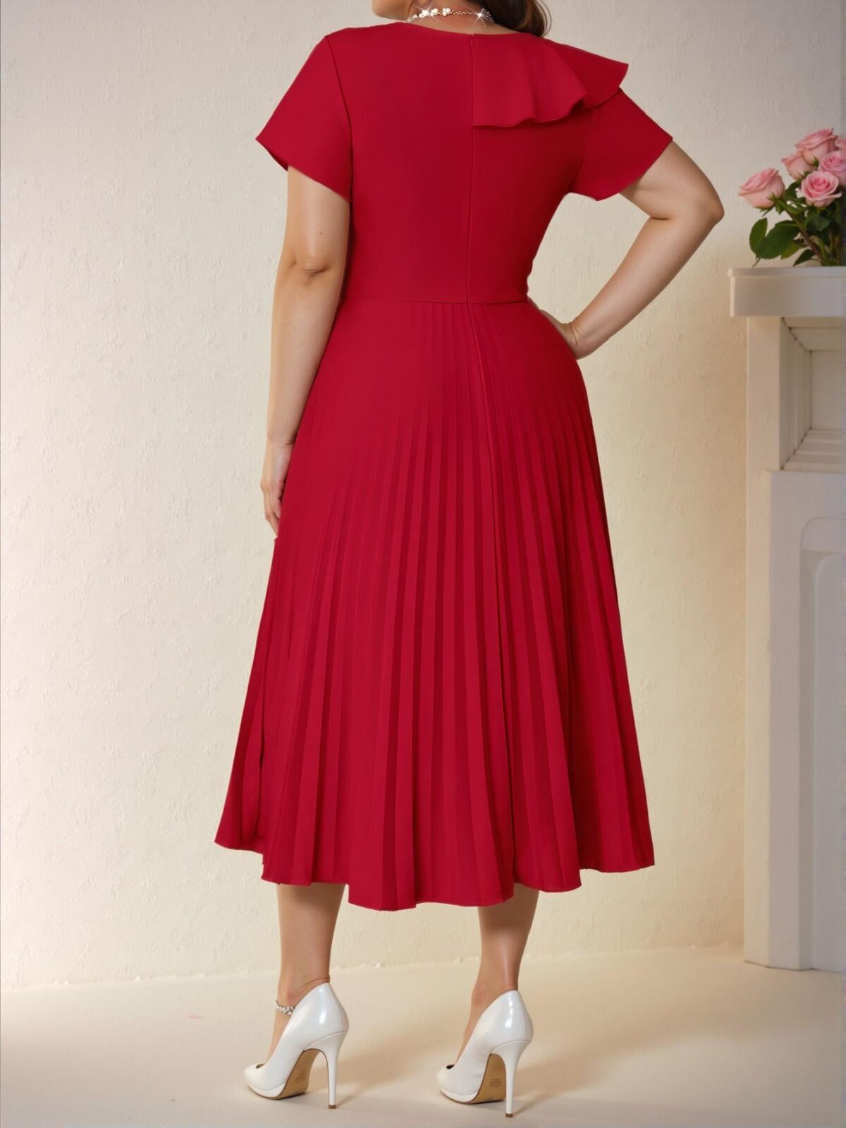Elegant Red Flared Pleated A-Line Dress with Ruffle and Zipper Details for Spring and Summer Chic, Classy and Trendy Fashion Style to Dress to Impress - Image 2