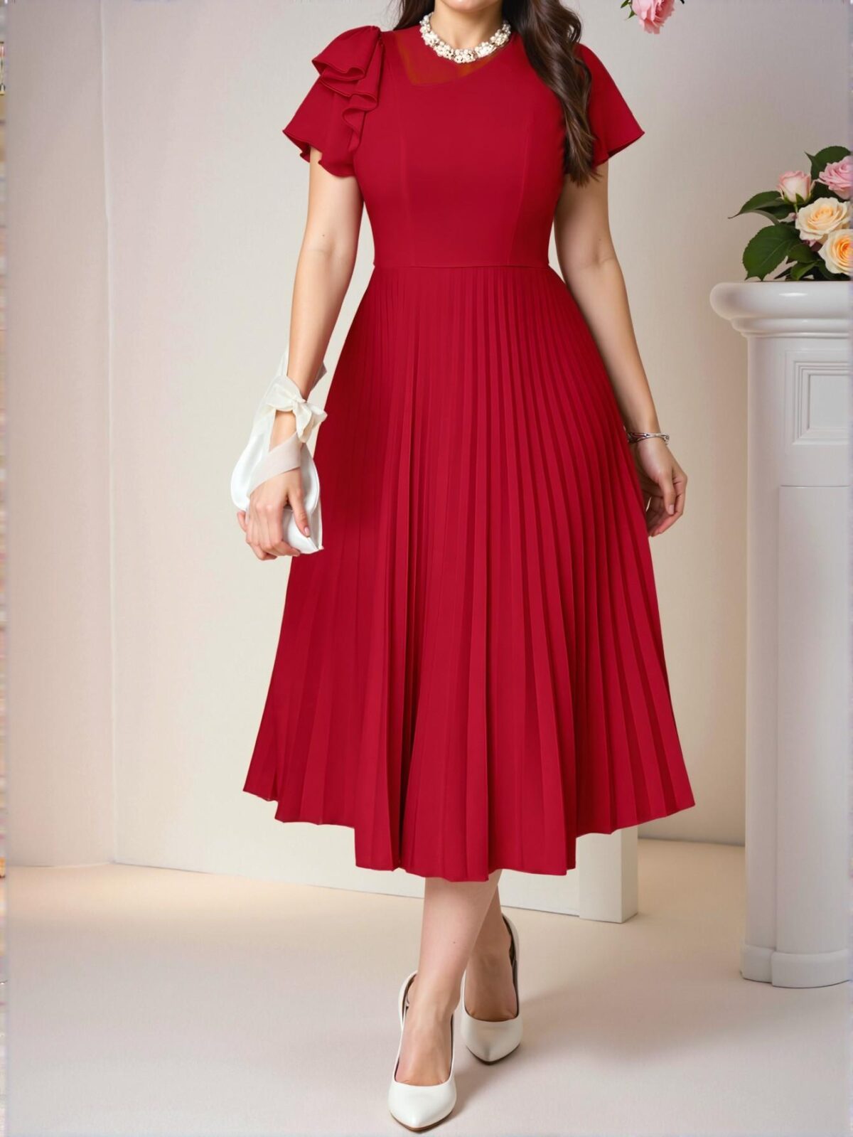 Elegant Red Flared Pleated A-Line Dress with Ruffle and Zipper Details for Spring and Summer Chic, Classy and Trendy Fashion Style to Dress to Impress - Image 3