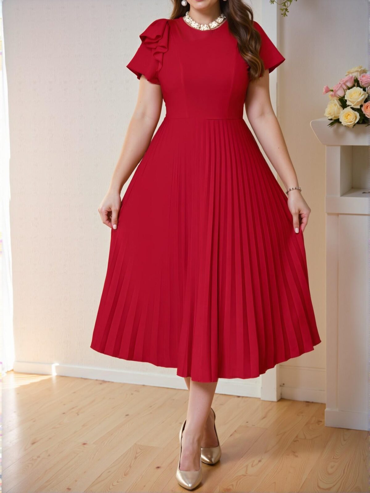 Elegant Red Flared Pleated A-Line Dress with Ruffle and Zipper Details for Spring and Summer Chic, Classy and Trendy Fashion Style to Dress to Impress - Image 4