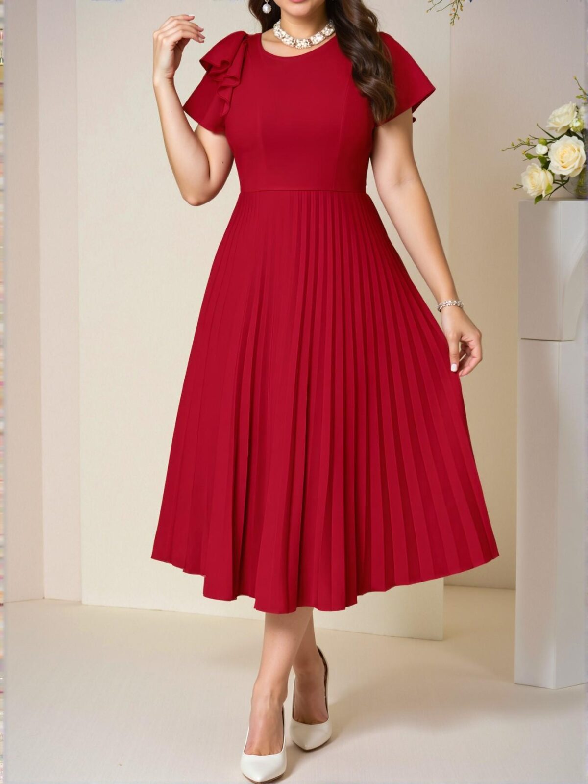 Elegant Red Flared Pleated A-Line Dress with Ruffle and Zipper Details for Spring and Summer Chic, Classy and Trendy Fashion Style to Dress to Impress - Image 5