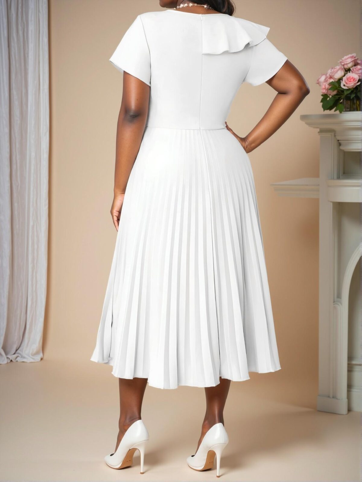 Elegant White Flared Sleeve Pleated Midi Dress with High Waist and Ruffle Details - Chic, Classy and Trendy Fashion Style to Dress to Impress - Image 2