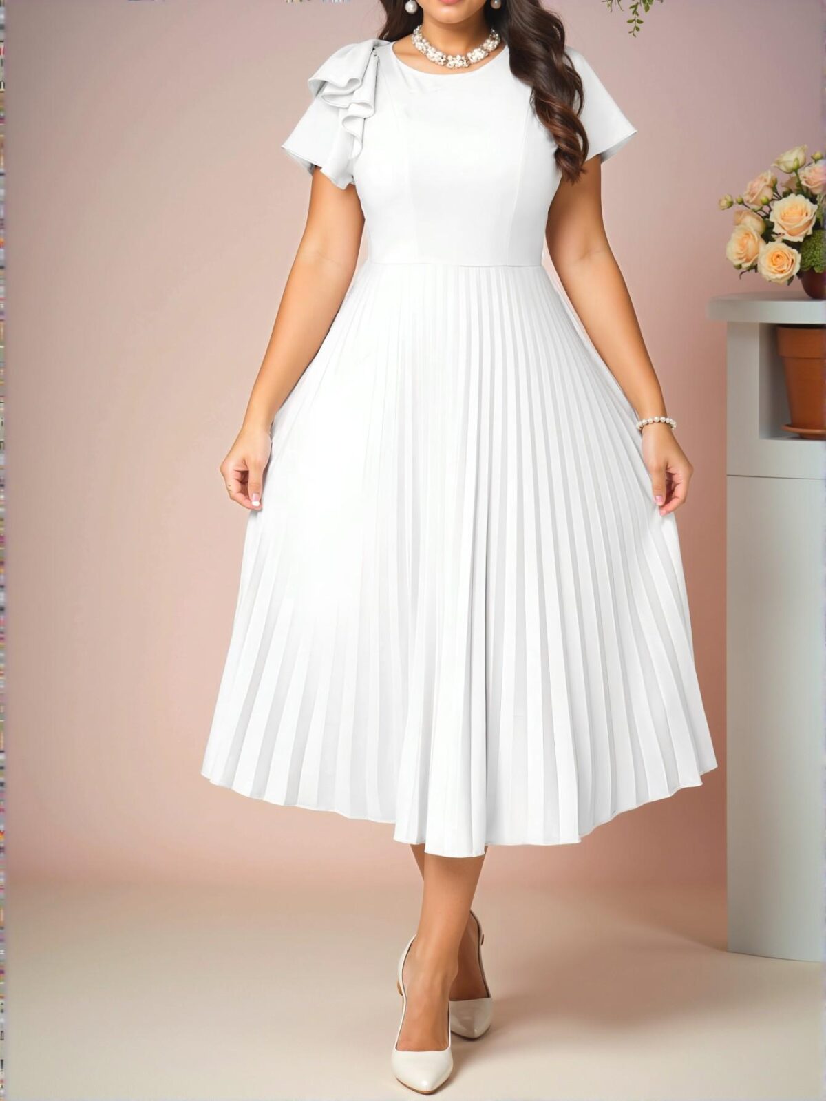 Elegant White Flared Sleeve Pleated Midi Dress with High Waist and Ruffle Details - Chic, Classy and Trendy Fashion Style to Dress to Impress - Image 4