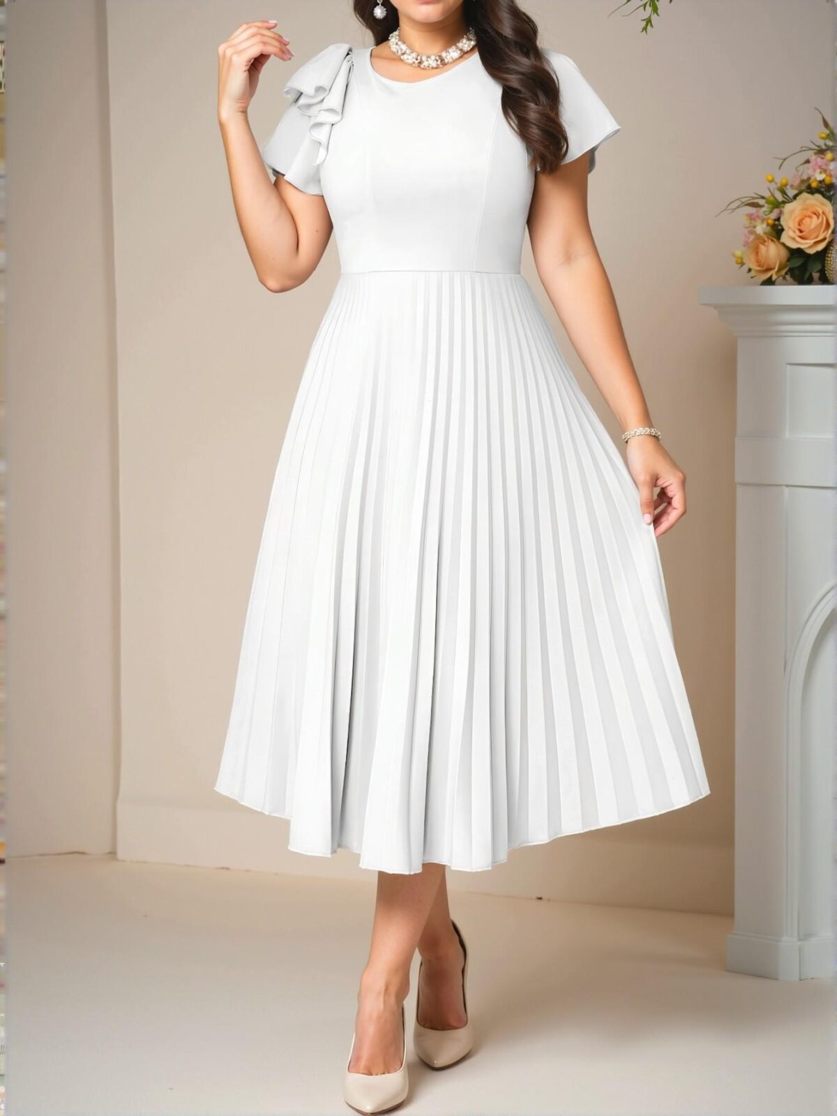 Elegant White Flared Sleeve Pleated Midi Dress with High Waist and Ruffle Details - Chic, Classy and Trendy Fashion Style to Dress to Impress - Image 5