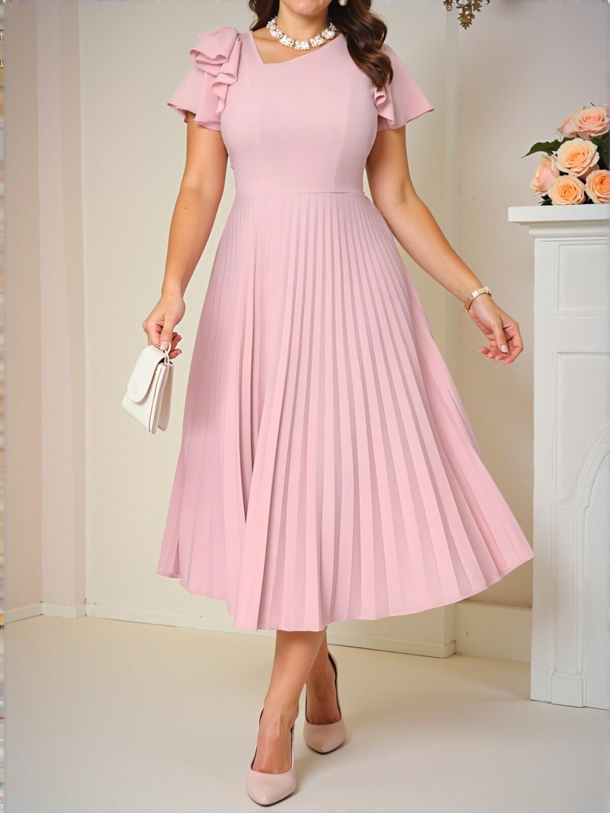 Elegant Baby Pink Casual Boho Pleated Flounce Sleeve Midi Dress for Spring and Summer Vacation Outfits, Perfect for Beach Weddings and Sundress Occasions - Chic, Classy and Trendy Fashion Style to Dress to Impress
