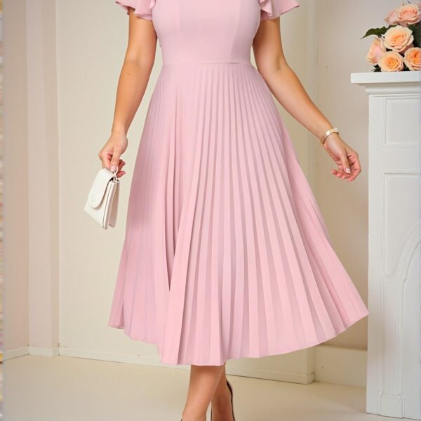 Elegant Baby Pink Casual Boho Pleated Flounce Sleeve Midi Dress for Spring and Summer Vacation Outfits, Perfect for Beach Weddings and Sundress Occasions - Chic, Classy and Trendy Fashion Style to Dress to Impress