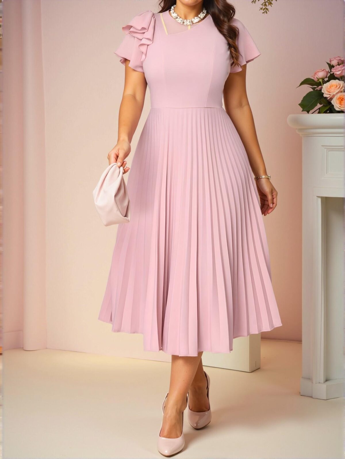Elegant Baby Pink Casual Boho Pleated Flounce Sleeve Midi Dress for Spring and Summer Vacation Outfits, Perfect for Beach Weddings and Sundress Occasions - Chic, Classy and Trendy Fashion Style to Dress to Impress - Image 3