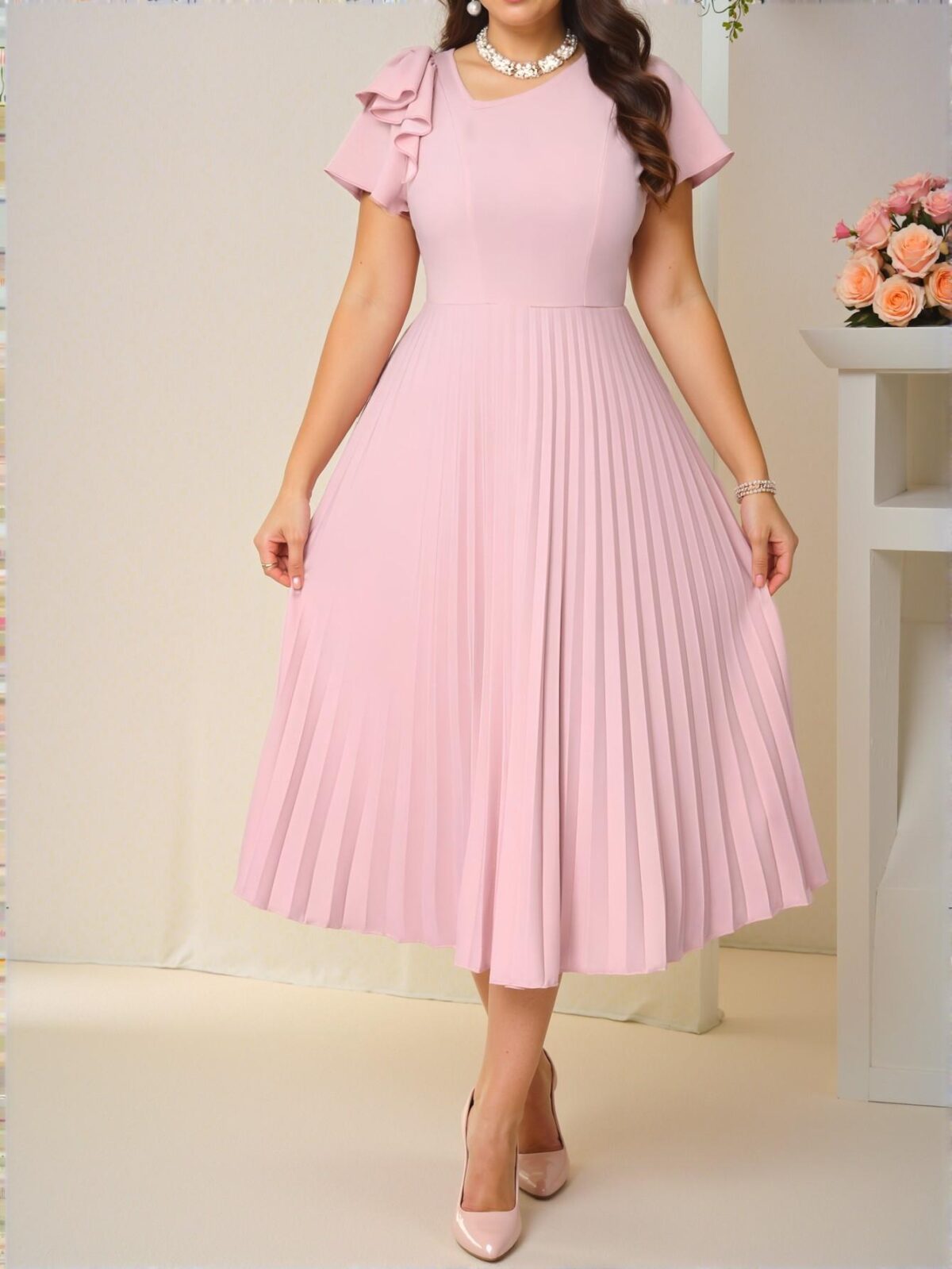 Elegant Baby Pink Casual Boho Pleated Flounce Sleeve Midi Dress for Spring and Summer Vacation Outfits, Perfect for Beach Weddings and Sundress Occasions - Chic, Classy and Trendy Fashion Style to Dress to Impress - Image 4