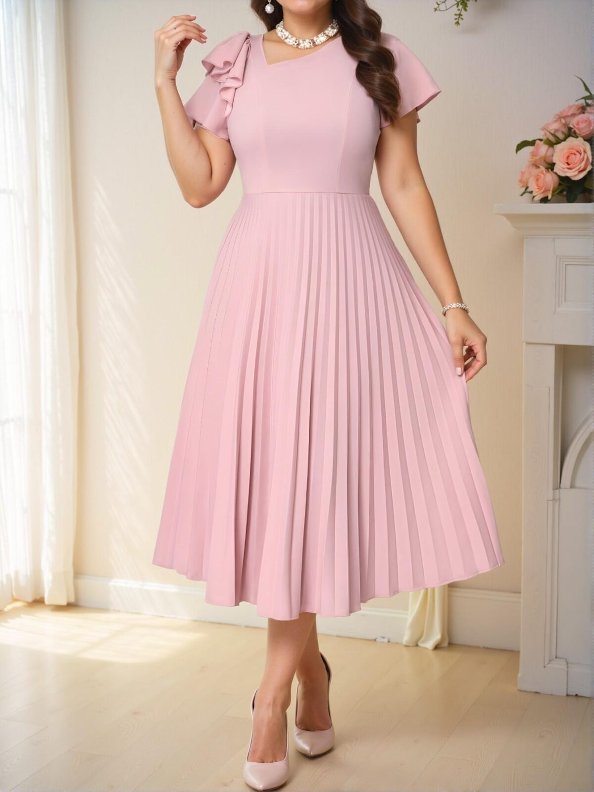 Elegant Baby Pink Casual Boho Pleated Flounce Sleeve Midi Dress for Spring and Summer Vacation Outfits, Perfect for Beach Weddings and Sundress Occasions - Chic, Classy and Trendy Fashion Style to Dress to Impress - Image 5