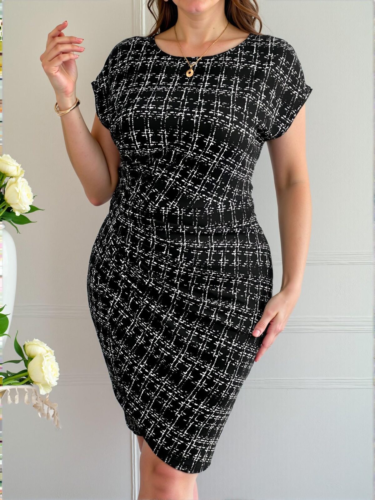 Elegant Black Plaid Wrap Midi Dress for Work, Events, and Everyday Wear - Chic, Classy and Trendy Fashion Style to Dress to Impress - Image 5