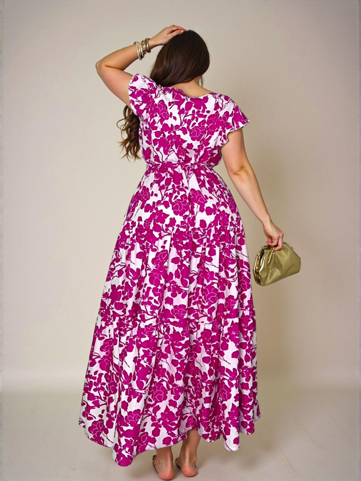 Elegant Hot Pink Flared Ruffle Hem Dress with Floral Design for Spring and Summer - Chic, Classy and Trendy Fashion Style to Dress to Impress - Image 2