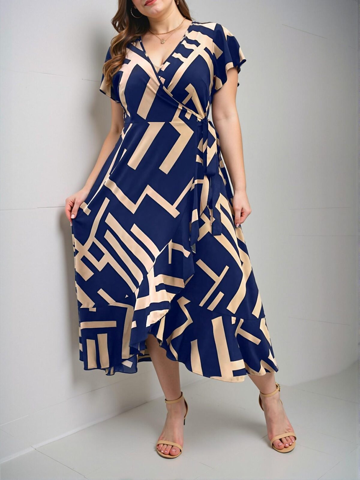 Elegant Navy Blue Stylish Plus Size Geometric Print Ruffle Tie Wrap Maxi Dress for Spring and Summer - Chic, Classy, and Trendy Fashion Style to Dress to Impress