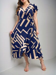 Elegant Navy Blue Stylish Plus Size Geometric Print Ruffle Tie Wrap Maxi Dress for Spring and Summer - Chic, Classy, and Trendy Fashion Style to Dress to Impress