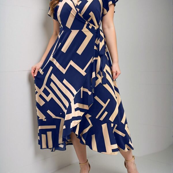 Elegant Navy Blue Stylish Plus Size Geometric Print Ruffle Tie Wrap Maxi Dress for Spring and Summer - Chic, Classy, and Trendy Fashion Style to Dress to Impress