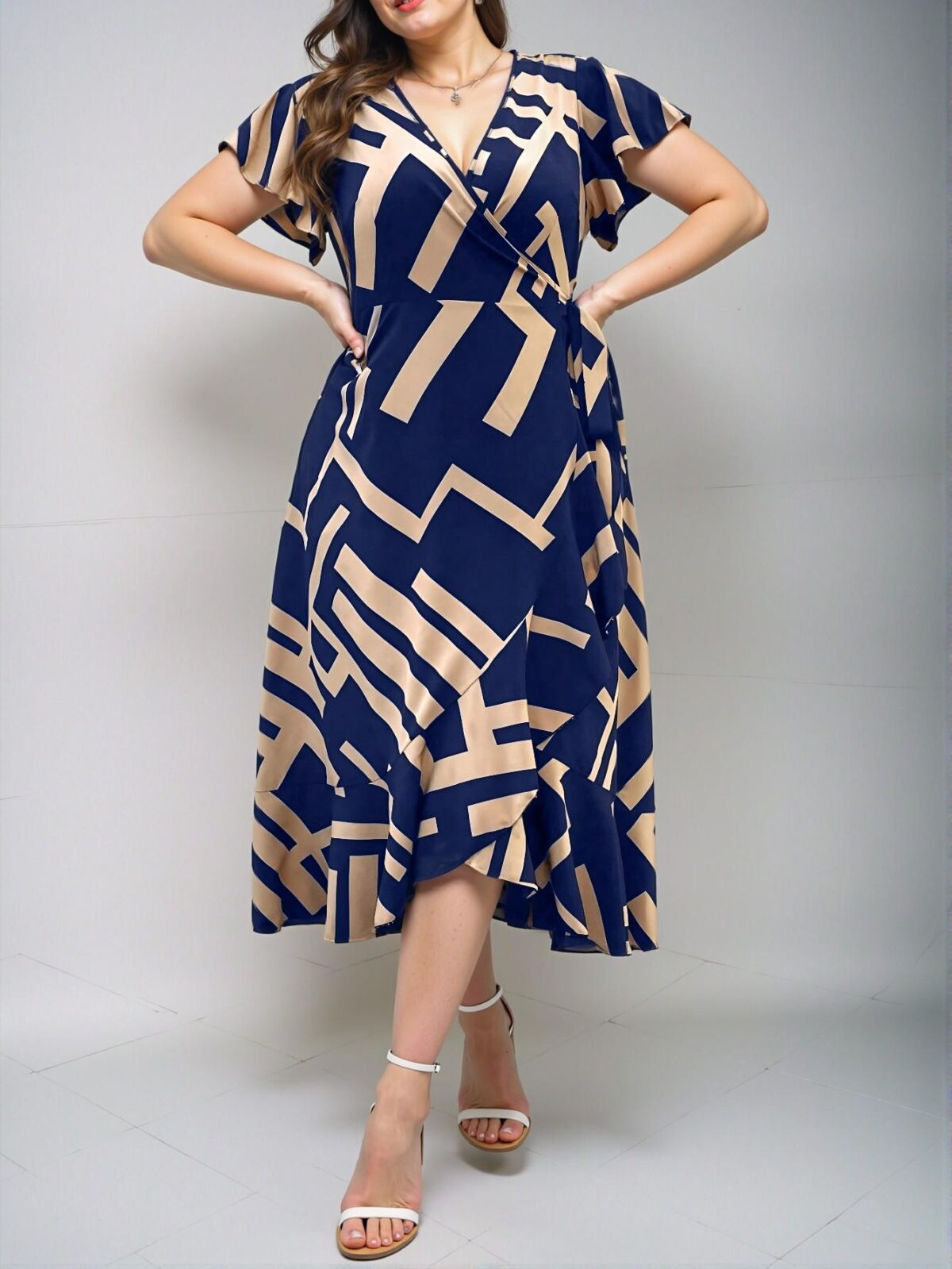 Elegant Navy Blue Stylish Plus Size Geometric Print Ruffle Tie Wrap Maxi Dress for Spring and Summer - Chic, Classy, and Trendy Fashion Style to Dress to Impress - Image 3