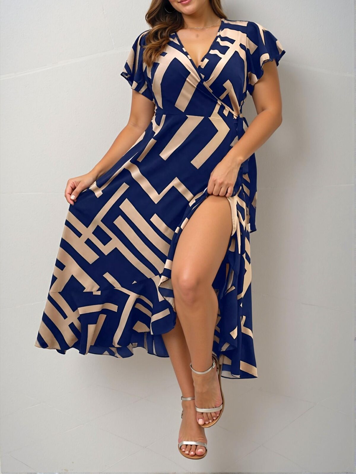 Elegant Navy Blue Stylish Plus Size Geometric Print Ruffle Tie Wrap Maxi Dress for Spring and Summer - Chic, Classy, and Trendy Fashion Style to Dress to Impress - Image 4