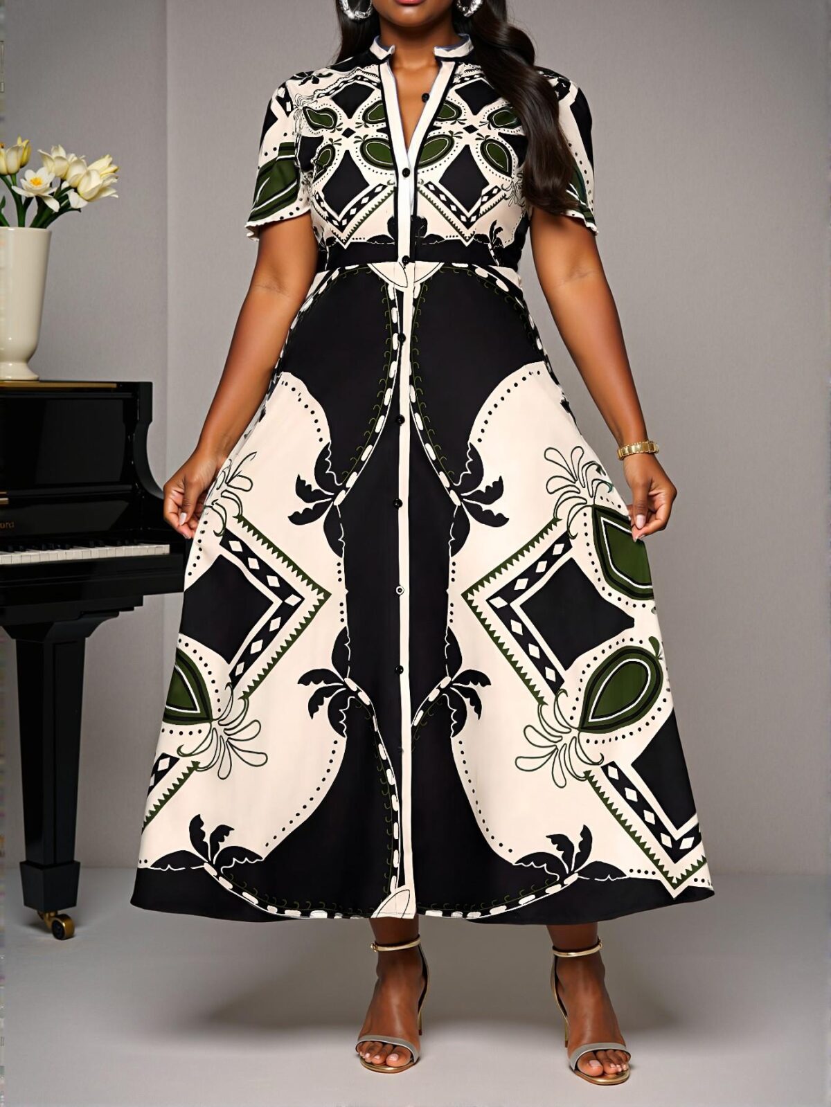 Elegant Multicolor Boho Woven Shirt Collar Flared Button Short Sleeve A-Line Dress for Vacation and Beach Weddings - Chic, Classy and Trendy Fashion Style to Dress to Impress
