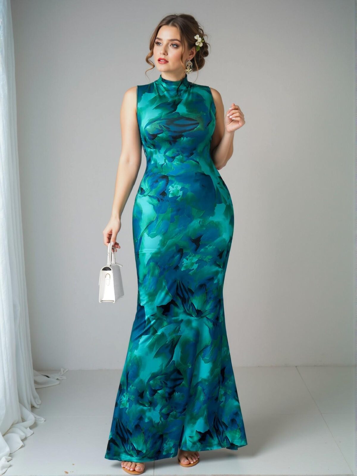 Elegant Green Graceful High Neck Sleeveless Dress with Cinched Waist and Ruffled Hem for Summer "Chic, Classy and Trendy Fashion Style to Dress to Impress" - Image 3