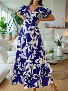 Elegant Royal Blue Floral Print V-Neck Dress with Puff Sleeves and Ruffle Hem for Effortless Spring to Autumn Style - Chic, Classy and Trendy Fashion to Dress to Impress
