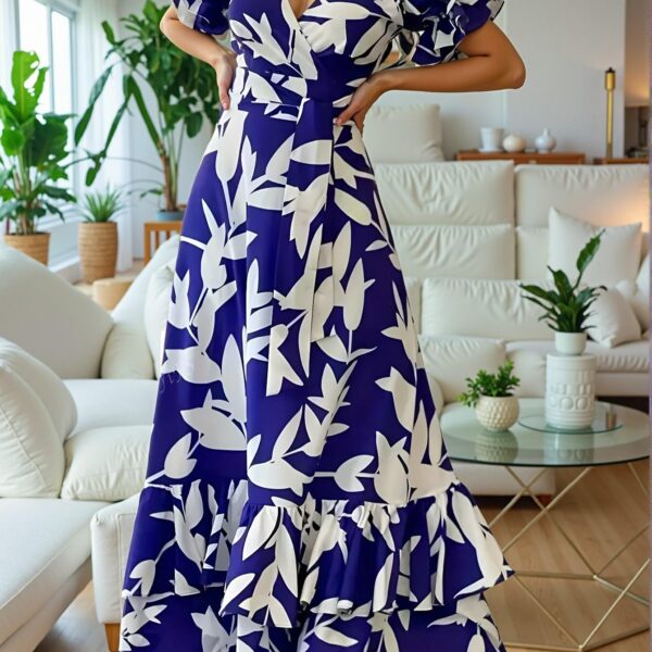 Elegant Royal Blue Floral Print V-Neck Dress with Puff Sleeves and Ruffle Hem for Effortless Spring to Autumn Style - Chic, Classy and Trendy Fashion to Dress to Impress