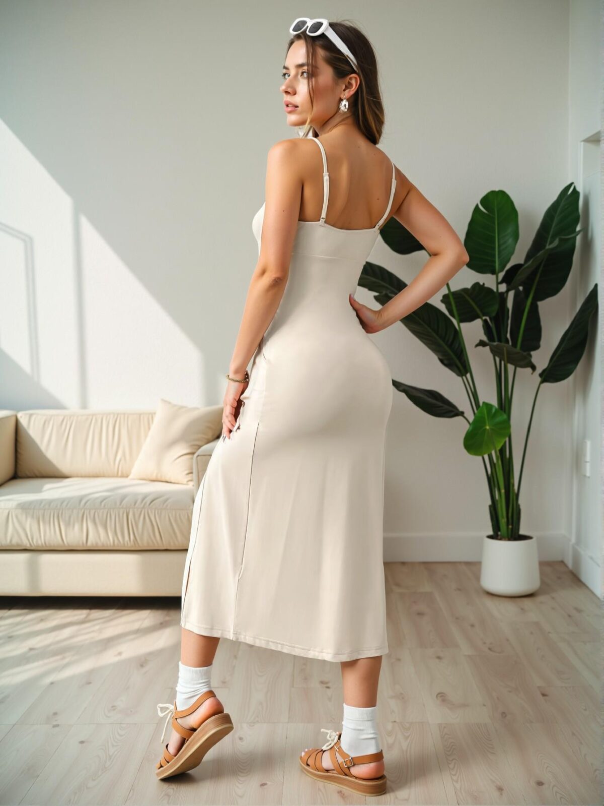 Elegant Apricot Pleated Knit Cami Dress with High Slit for Casual Spring and Summer Occasions - Chic, Classy and Trendy Fashion Style to Dress to Impress - Image 2