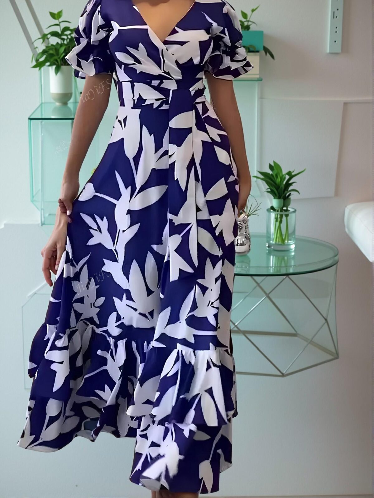 Elegant Royal Blue Floral Print V-Neck Dress with Puff Sleeves and Ruffle Hem for Effortless Spring to Autumn Style - Chic, Classy and Trendy Fashion to Dress to Impress - Image 2